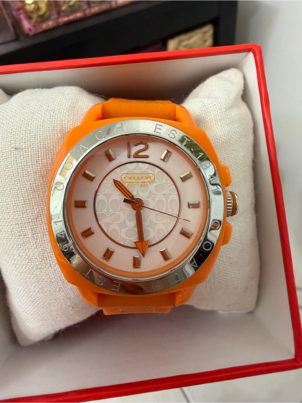 Authentic Coach Orange Silicone and Silver-Tone Accent Watch.